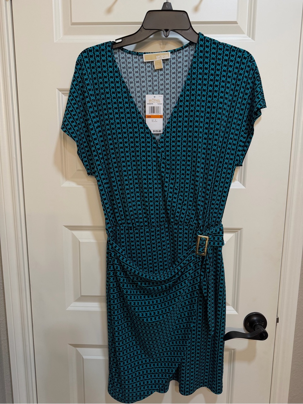 Michael Kors Teal and Black Geometric Wrap-Style Midi Dress